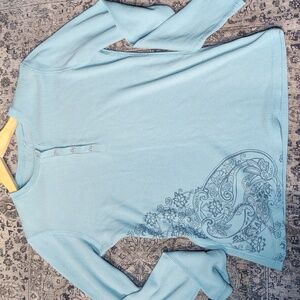 Waffle Paisley Print Vintage Y2k Light Blue Long Sleeve Top